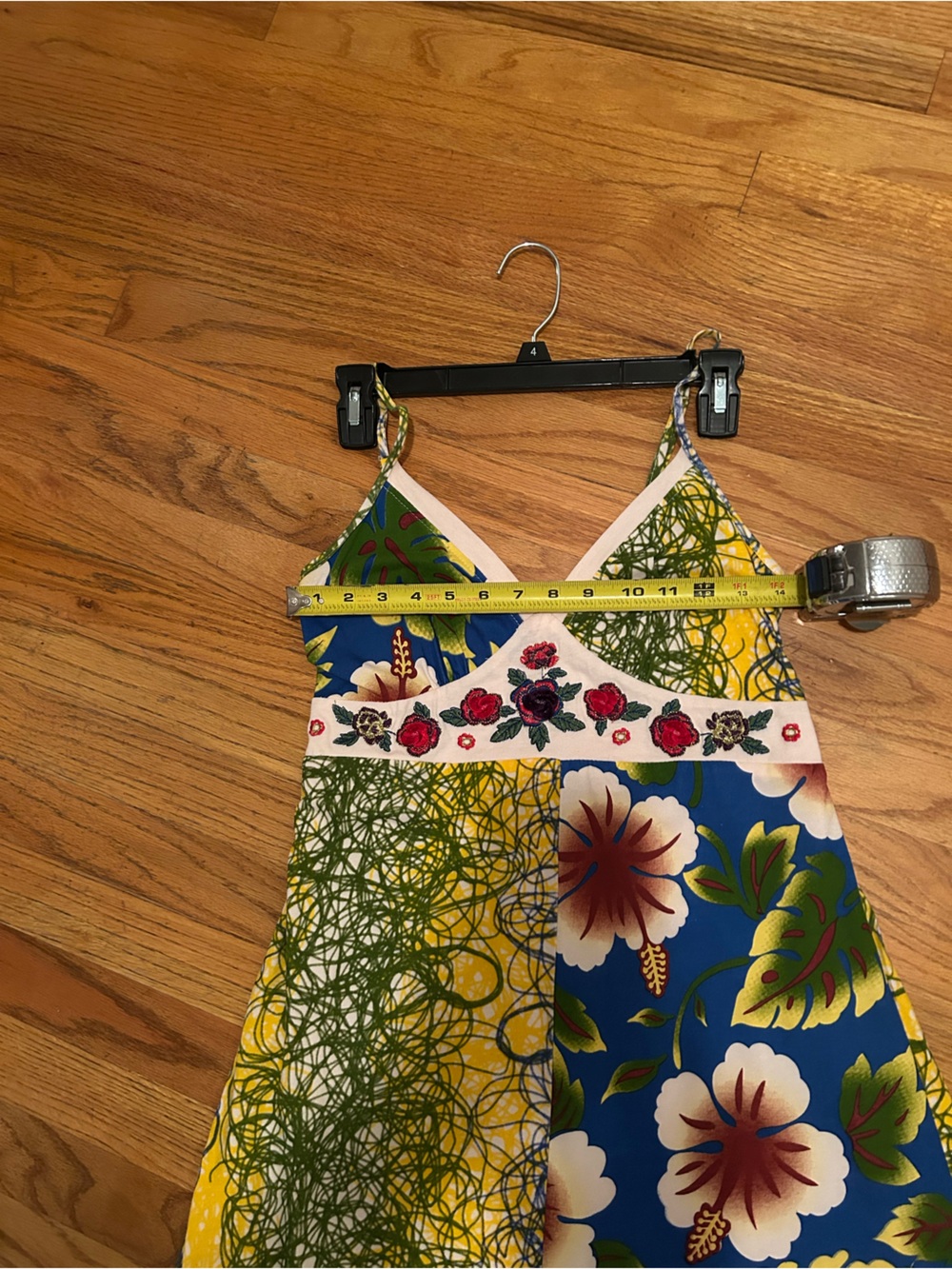 Floral Patchwork Spaghetti-Strap Mini Dress - Blue & Yellow- Size M - Picture 6 of 6